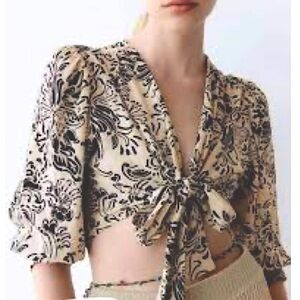Zara Linen Blend Floral Tie Front Top